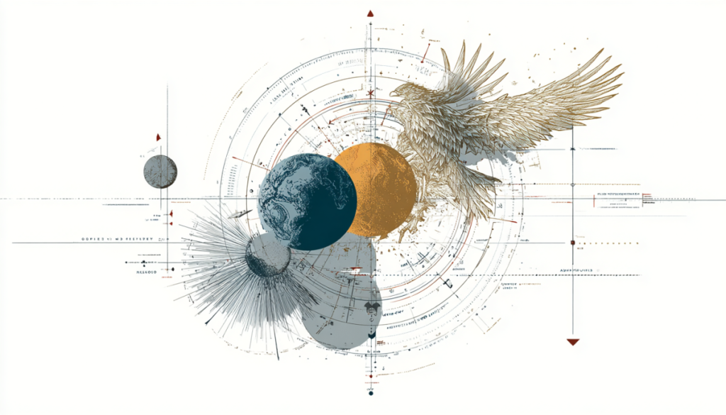 Illustration eines kosmischen Diagramms mit Erde, Sonnenkreisen, astrologischen Markierungen und einem stilisierten Phönix, das den globalen Themenwechsel im Human Design symbolisiert.