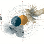 Illustration eines kosmischen Diagramms mit Erde, Sonnenkreisen, astrologischen Markierungen und einem stilisierten Phönix, das den globalen Themenwechsel im Human Design symbolisiert.