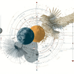 Illustration eines kosmischen Diagramms mit Erde, Sonnenkreisen, astrologischen Markierungen und einem stilisierten Phönix, das den globalen Themenwechsel im Human Design symbolisiert.