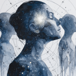 Transparente Silhouetten mehrerer Menschen vor einem wissenschaftlich-kosmischen Hintergrund, eine Figur mit leuchtendem Solarplexus, als Darstellung der Entstehung der Rave-Kinder und eines neuen Bewusstseins.