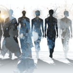 Gruppe aus sieben abstrakt dargestellten Menschen, verbunden durch energetische Linien und Sternenstrukturen, Sinnbild für den kollektiven Wandel und die Entwicklung einer neuen Menschheit.