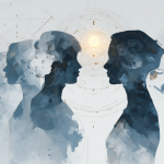 Zwei einander zugewandte menschliche Silhouetten im Profil, eingebettet in astrologische Kreise und Sonnenlicht, umgeben von weiteren Figuren, als Symbol für die Begegnung und Verbindung im Zeitalter des Phönix.